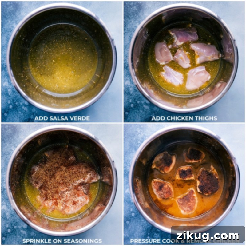 Process shots showing salsa verde, chicken, and spices being added to an Instant Pot, then the shredded chicken being removed.