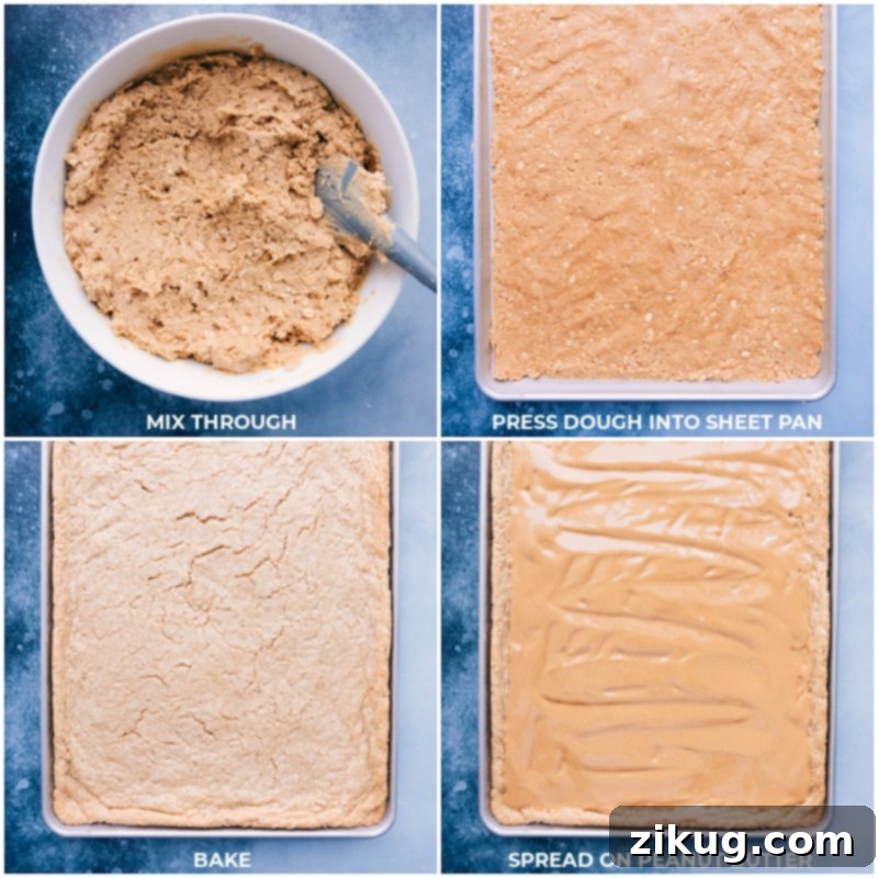 Cafeteria Comfort Peanut Butter Bars 6 Process images: cookie dough being pressed into the pan, and warm peanut butter being spread on top