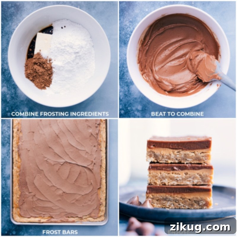 Cafeteria Comfort Peanut Butter Bars 7 Process images: chocolate frosting being made and spread on top of the peanut butter layer