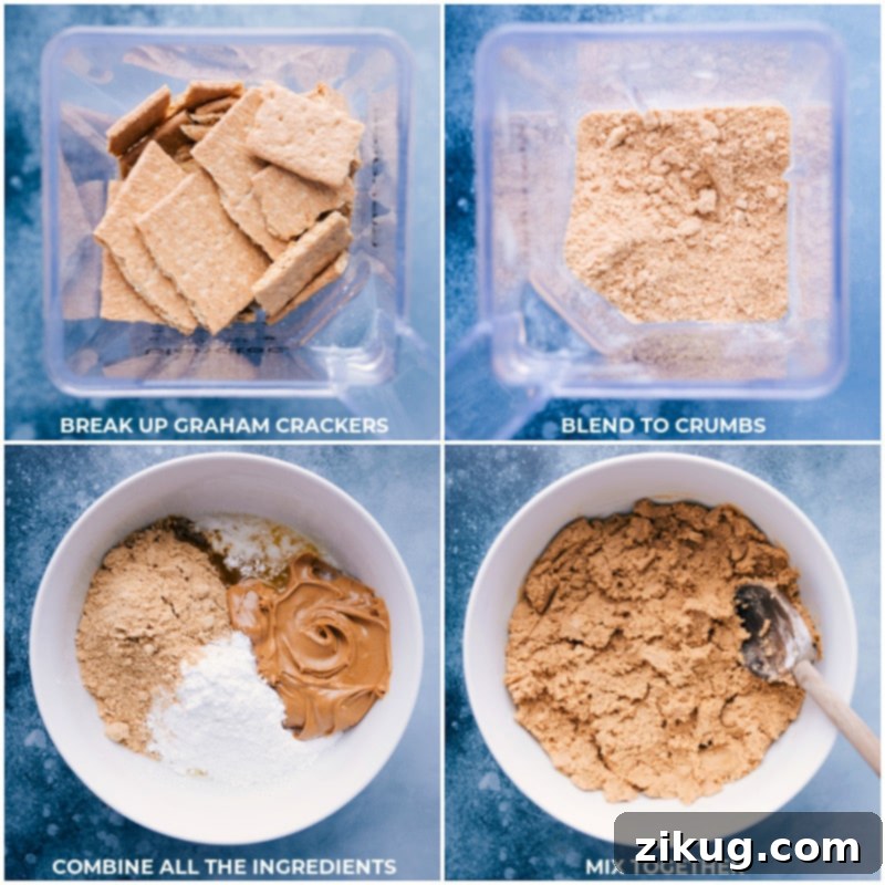 Preparing the Easy No-Bake Peanut Butter Bar Base Step-by-step images showing graham cracker crumbs being mixed with melted butter and other ingredients for the peanut butter bar base.