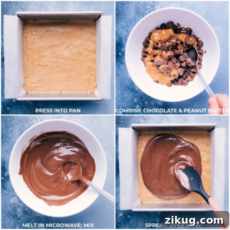 Layering Chocolate Topping on Peanut Butter Bars Process images showing melted chocolate and peanut butter being combined and poured over the graham cracker base for no-bake bars.