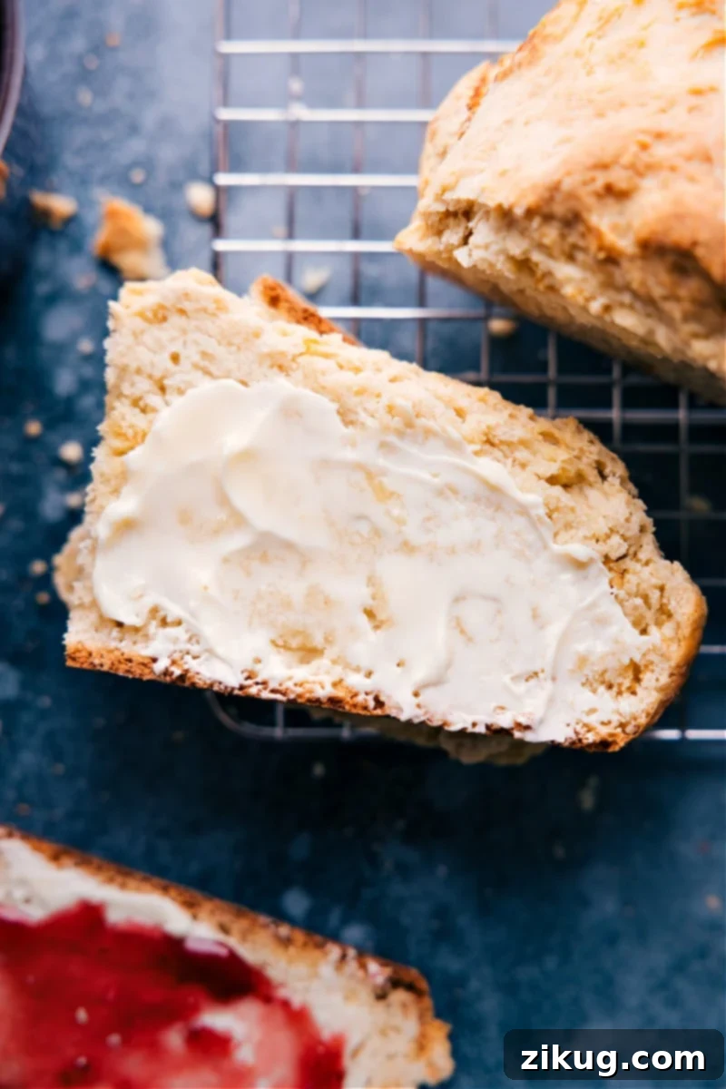 Overhead image of freshly baked No-Yeast Bread, showing a golden brown crust and a rustic texture