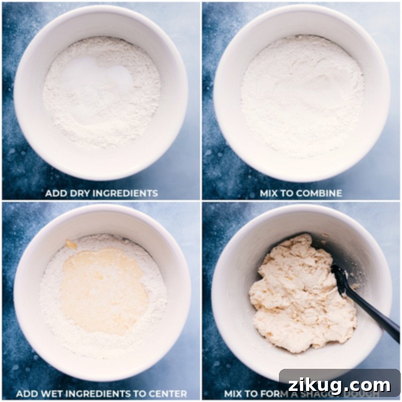 Process shots of No-Yeast Bread being prepared: dry ingredients mixed, then two buttermilk mixtures added, and finally combined to form the dough.