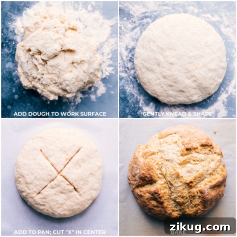 Process shots showing the No-Yeast Bread dough being gently kneaded into a smooth ball, an 'X' being cut into its center, and the finished loaf baking to a golden crisp.