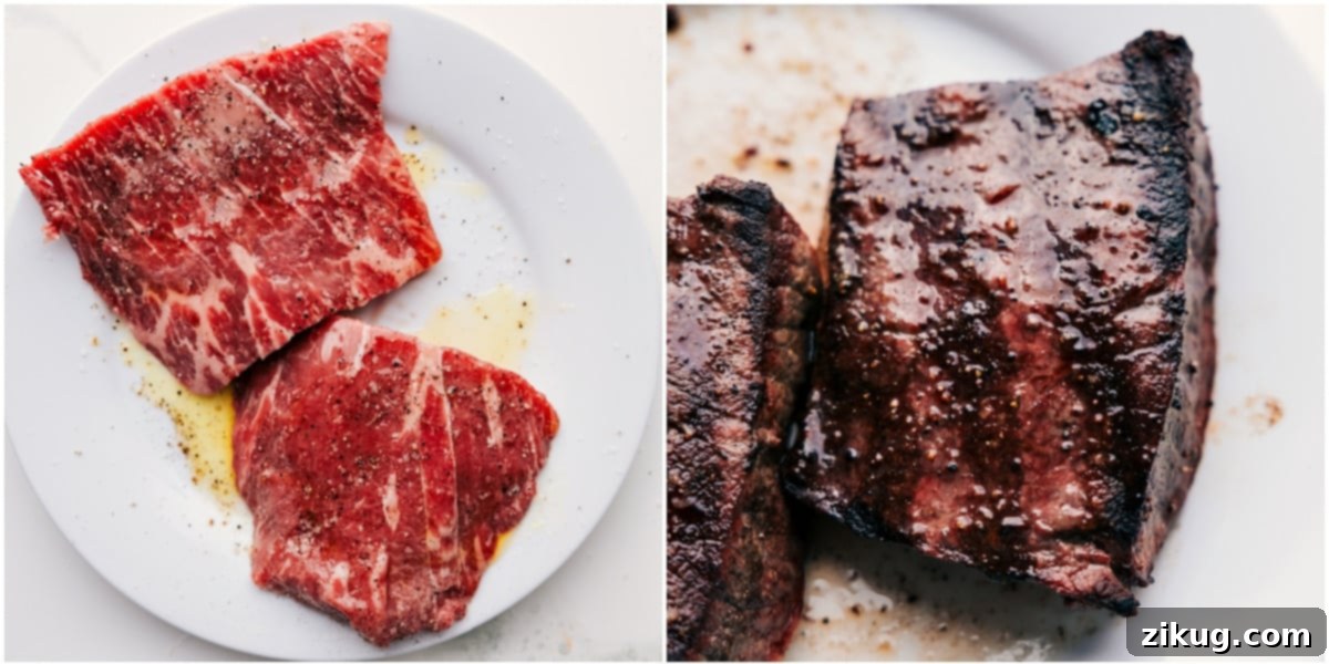 A bowl of fresh salad ingredients and a separate plate of sliced grilled steak, ready for final assembly.