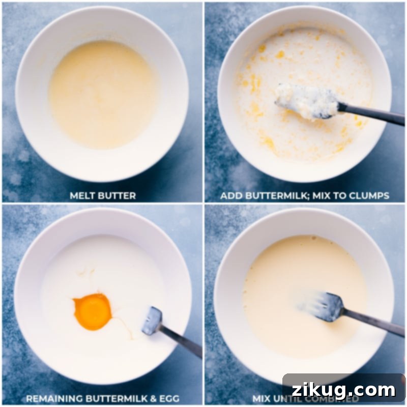 Process images showing melted butter being mixed with cold buttermilk to create small clumps, and then an egg being whisked with the remaining buttermilk.