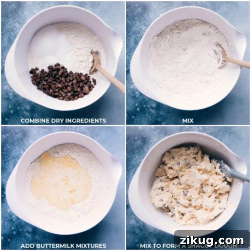 Process shots of Irish Soda Bread dough, showing wet and dry ingredients being combined in a large bowl to form the dough.