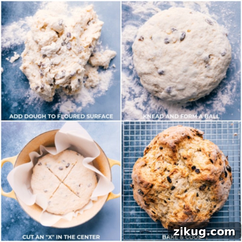 Process shots showing the Irish Soda Bread dough being shaped into a ball, then the baked loaf resting on a wire rack.