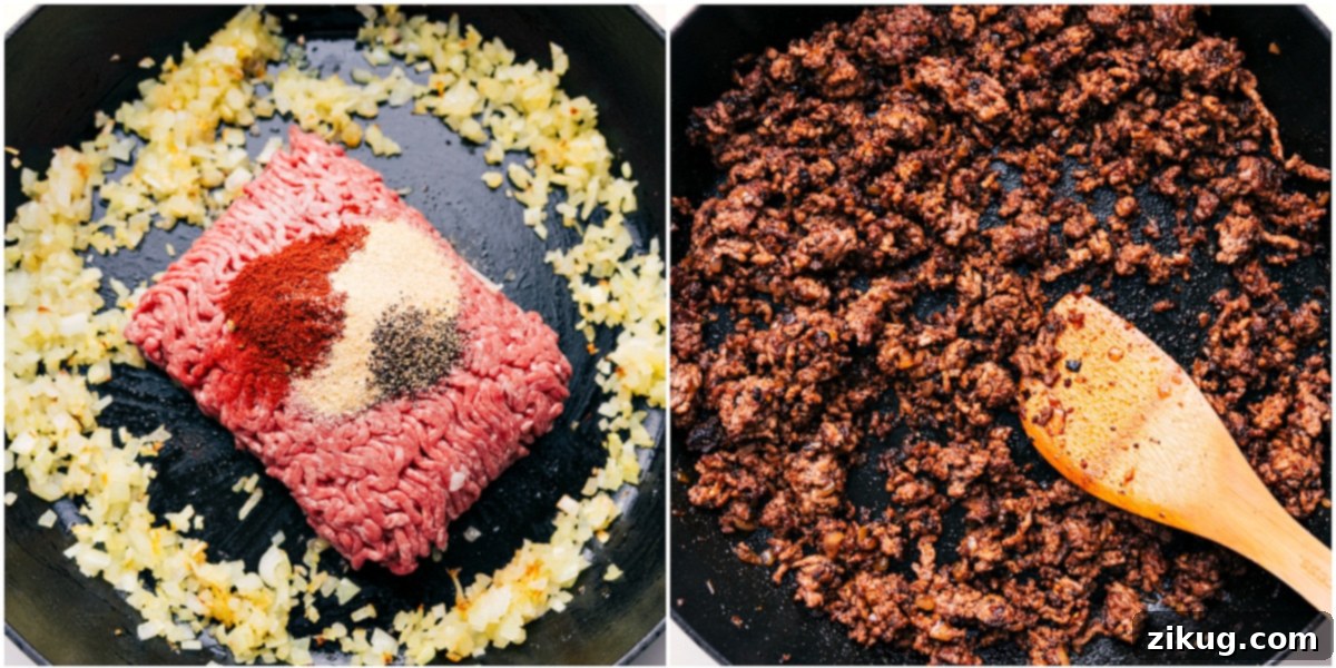 Ground beef being cooked and browned in a large skillet with diced onions and seasonings, ready to be incorporated into the burger bowls.