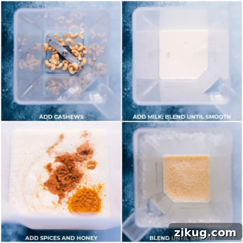 Process shots showing ingredients like cashews, milk, various spices, and honey being added to a blender for Golden Milk preparation.