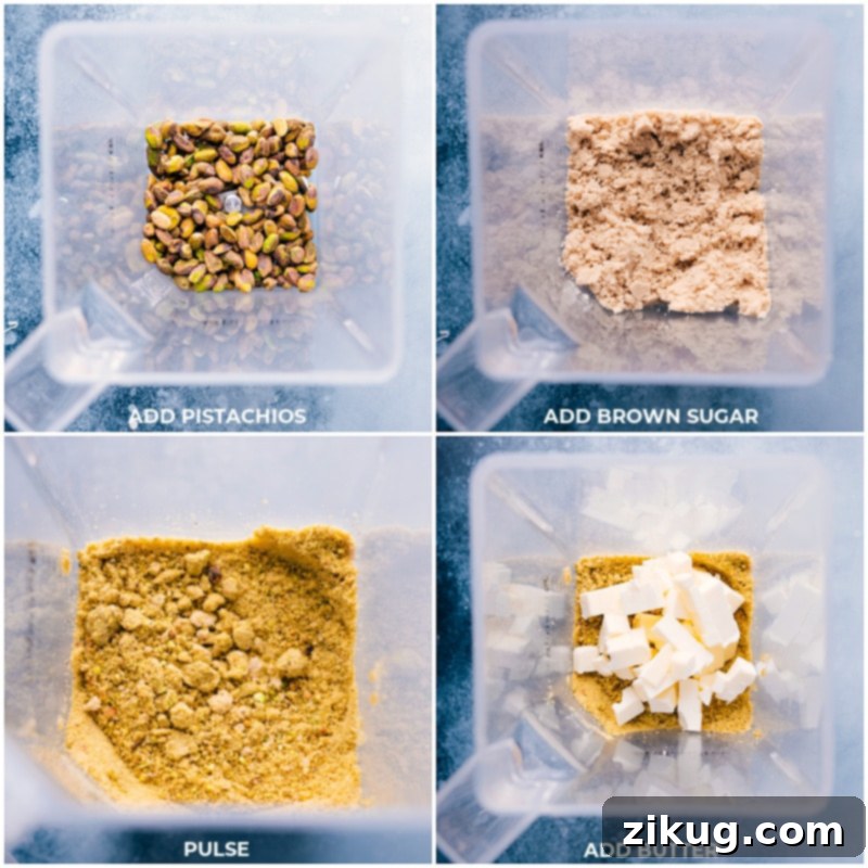 Crafting a healthy and gluten-free Pistachio Cake: Blending real pistachios, brown sugar, and butter for the perfect base from ChelseasMessyApron. Process images showing shelled pistachios, brown sugar, and cold butter cubes being added to a blender for the Pistachio Cake batter.