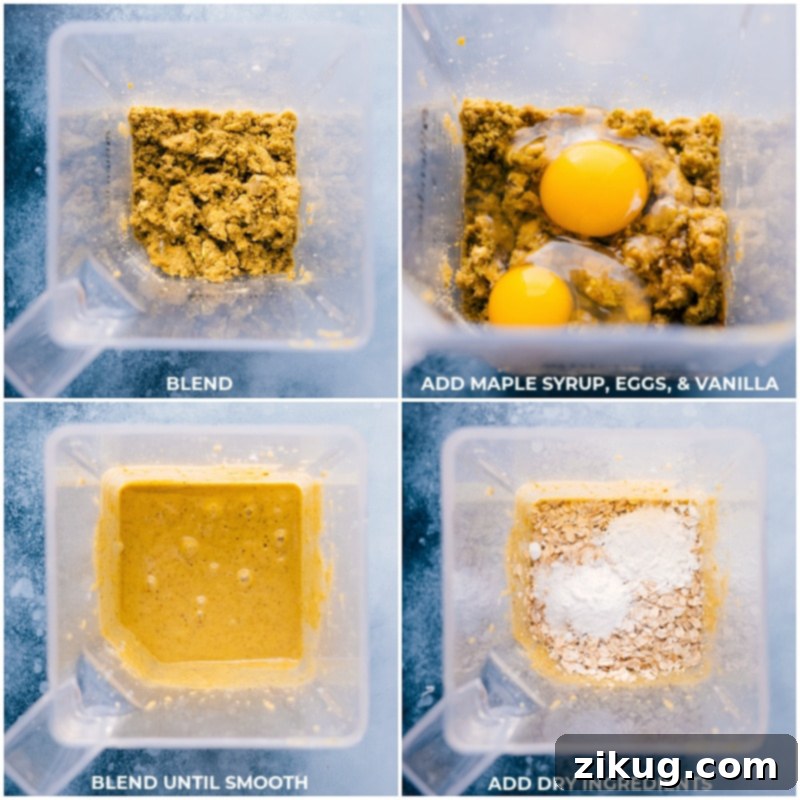 Developing the rich flavor of a gluten-free Pistachio Cake: Blending wet and dry ingredients for a moist texture, inspired by ChelseasMessyApron. Process shots of Pistachio Cake preparation: Maple syrup, eggs, vanilla, and dry ingredients being added to the blended mixture and combined for a smooth batter.