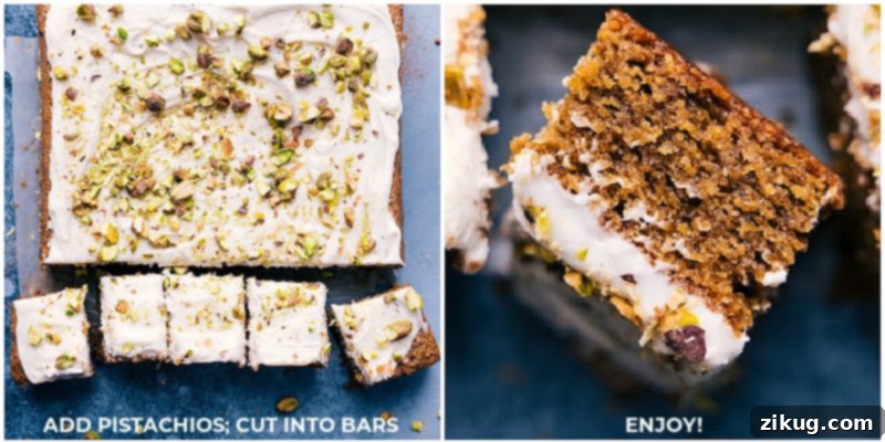 Irresistibly sweet, moist, and gluten-free Pistachio Cake bars with cream cheese frosting – a healthy and easy dessert from ChelseasMessyApron. Image of the frosted Pistachio Cake, perfectly cut into bars and ready to be served, garnished with chopped pistachios.