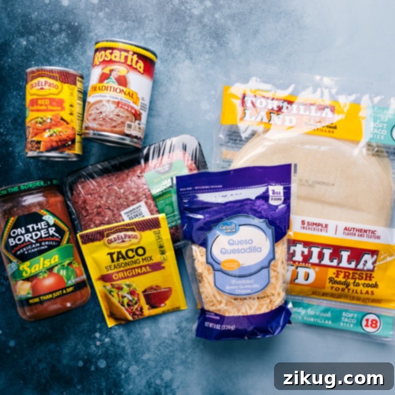 Key ingredients for an easy and delicious Tortilla Pie: tortillas, ground beef, beans, salsa, and cheese. A simple recipe for a flavorful dinner. Ingredient shot for Tortilla Pie, showing all fresh ingredients
