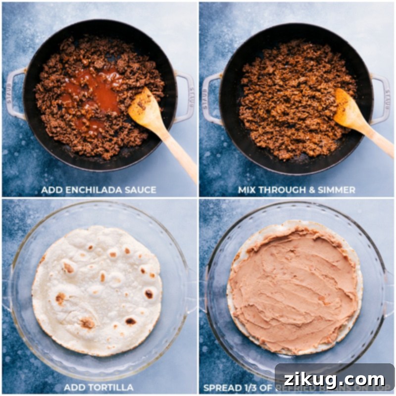 Building the perfect Tortilla Pie layer by layer: tortilla, refried beans, and savory ground beef. Process shots of layering tortillas with refried beans and ground beef