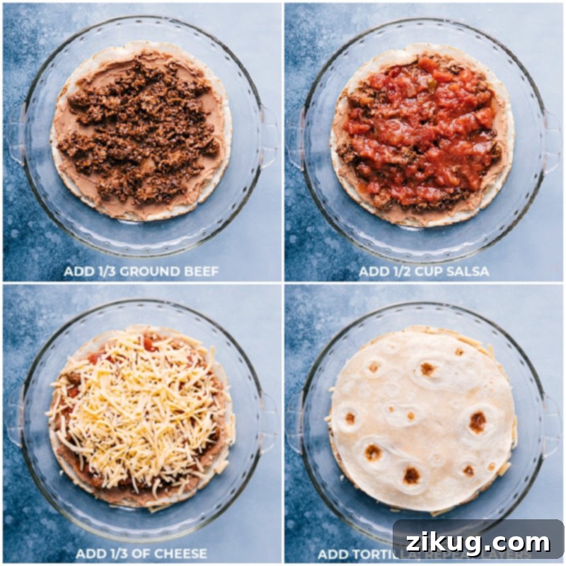 The final layers of salsa and cheese complete this savory Tortilla Pie before baking. Process shots of layering salsa and cheese in the Tortilla Pie