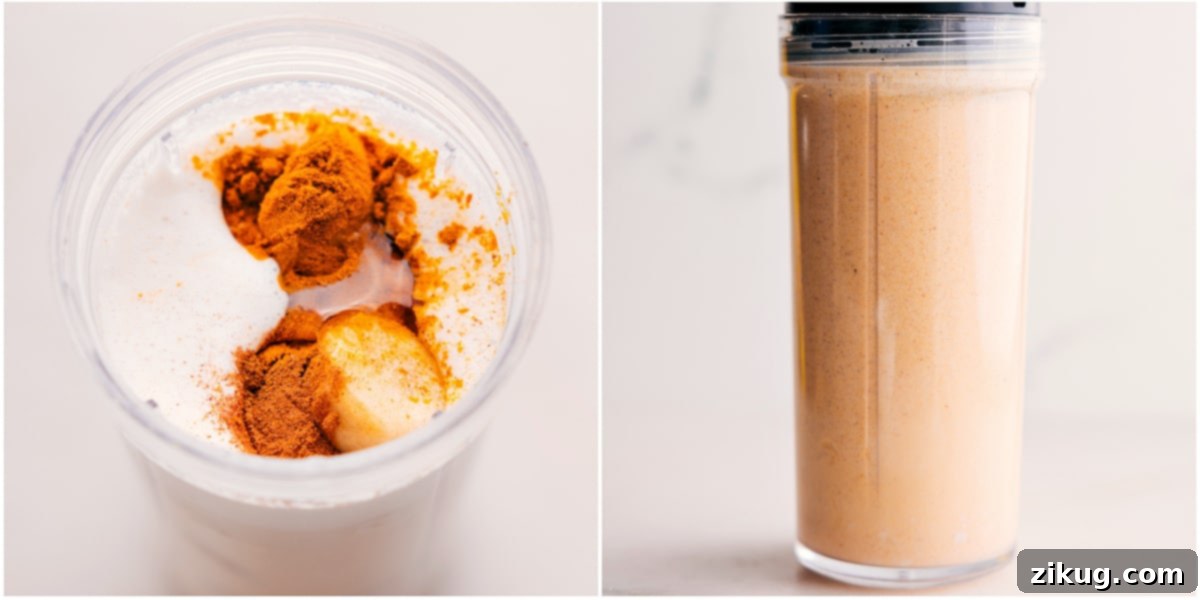 The Easiest and Best Golden Milk Smoothie Being Blended All ingredients are added to the blender, which is actively blending the mixture into a smooth, golden-colored Golden Milk Smoothie.