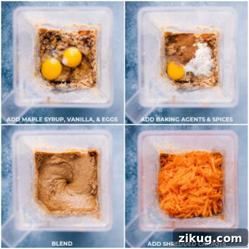 Preparation stages for Healthy Carrot Muffins: blending wholesome, dairy-free, gluten-free, and refined sugar-free ingredients for a healthy snack. Process shots of Healthy Carrot Muffins ingredients being added to a blender: maple syrup, vanilla, eggs, baking agents, spices, and shredded carrots.