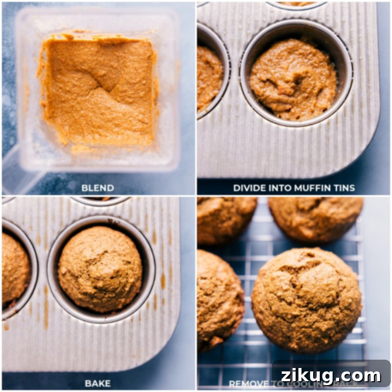 Making Healthy Carrot Muffins: the batter is blended and baked, resulting in delicious, nutritious, dairy-free, gluten-free, and refined sugar-free treats. Process shots showing the blended muffin batter being transferred into muffin tins and then baking in the oven.