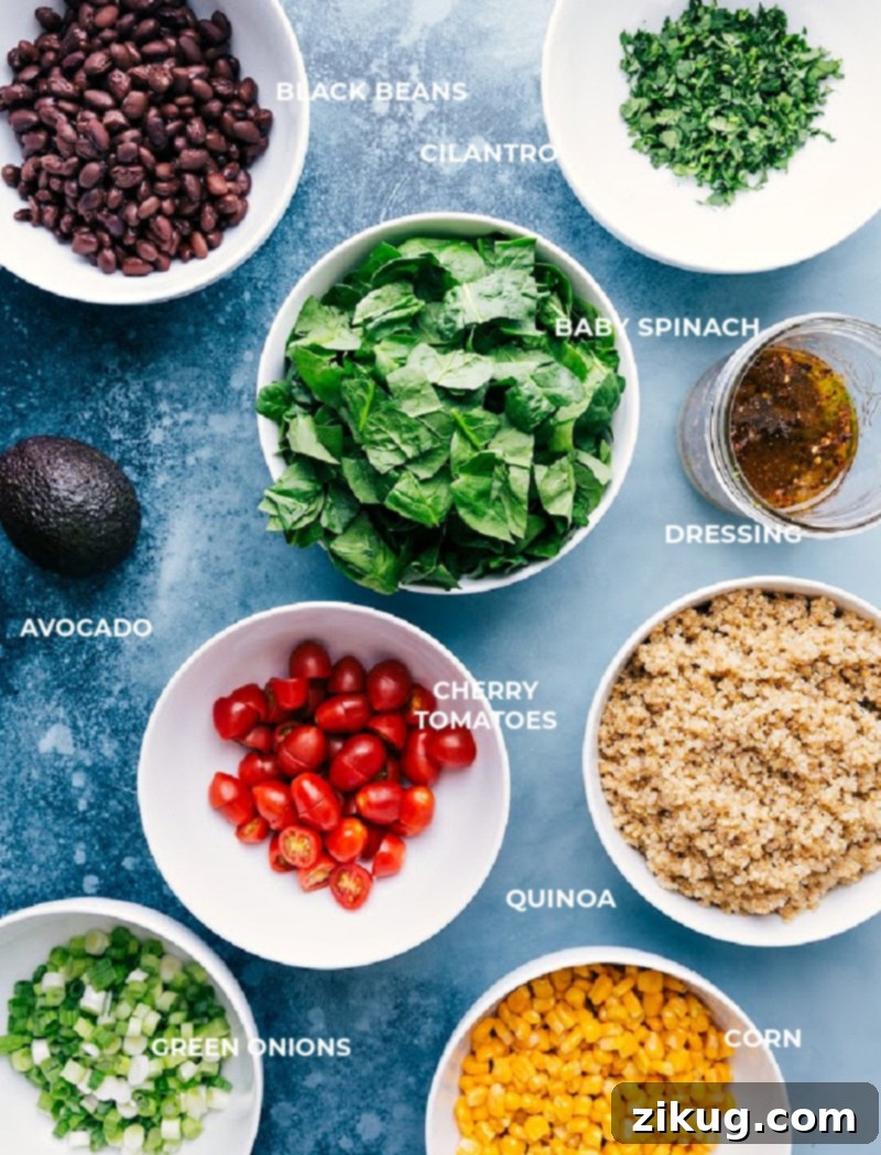 Today I'm sharing some of our favorite quinoa recipes and bonus -- a brand new one: this nutritious Quinoa and Veggie Salad is packed with good-for-you ingredients and a honey-lime dressing. Recipe via ChelseasMessyApron #salad #healthy #clean #simple #detox #easy #blackbeans #tomatoes #cleaneating #quinoa #recipes All the fresh ingredients laid out for making the healthy quinoa and veggie salad: spinach, corn, black beans, tomatoes, green onions, cilantro, and limes for the dressing.