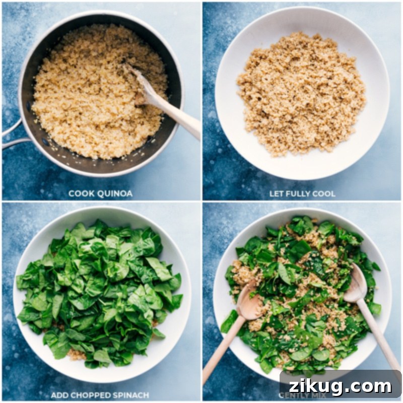 Today I'm sharing some of our favorite quinoa recipes and bonus -- a brand new one: this nutritious Quinoa and Veggie Salad is packed with good-for-you ingredients and a honey-lime dressing. Recipe via ChelseasMessyApron #salad #healthy #clean #simple #detox #easy #blackbeans #tomatoes #cleaneating #quinoa #recipes Step-by-step process of preparing quinoa for the salad: cooking the quinoa, spreading it to cool, chopping fresh spinach, and adding it to the cooked quinoa in a bowl.