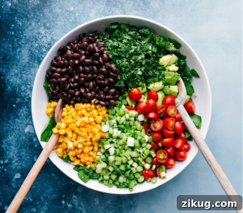 Today I'm sharing some of our favorite healthy quinoa recipes and bonus -- a brand new one: this nutritious Quinoa and Veggie Salad is packed with good-for-you ingredients and a honey-lime dressing. Recipe via ChelseasMessyApron #salad #healthy #clean #simple #detox #easy #blackbeans #tomatoes #cleaneating #quinoa #recipes Close-up of the finished Quinoa Vegetable Salad, showing vibrant colors of corn, black beans, tomatoes, green onions, and fresh cilantro mixed with fluffy quinoa.