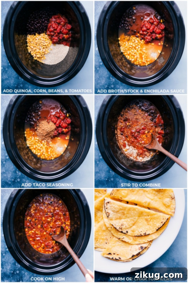 Flavor-packed, meatless Quinoa Tacos are incredibly easy; just dump everything into the slow cooker and let it work its magic! Serve on warmed tortillas with your favorite taco toppings. Recipe via chelseasmessyapron #dinner #quick #easy #simple #delicious #healthy #vegetarian #quinoa #tacos Process shots showing various ingredients being added to a slow cooker for Quinoa Tacos.