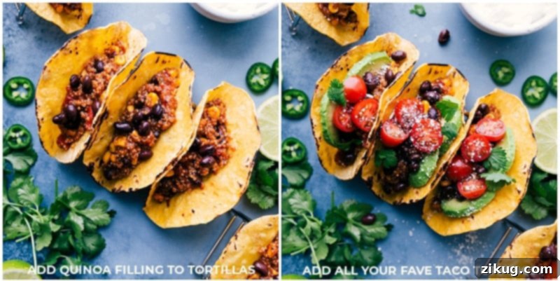 Flavor-packed, meatless Quinoa Tacos are incredibly easy; just dump everything into the slow cooker and let it work its magic! Serve on warmed tortillas with your favorite taco toppings. Recipe via chelseasmessyapron #dinner #quick #easy #simple #delicious #healthy #vegetarian #quinoa #tacos Image of fresh toppings being added to cooked Quinoa Tacos.