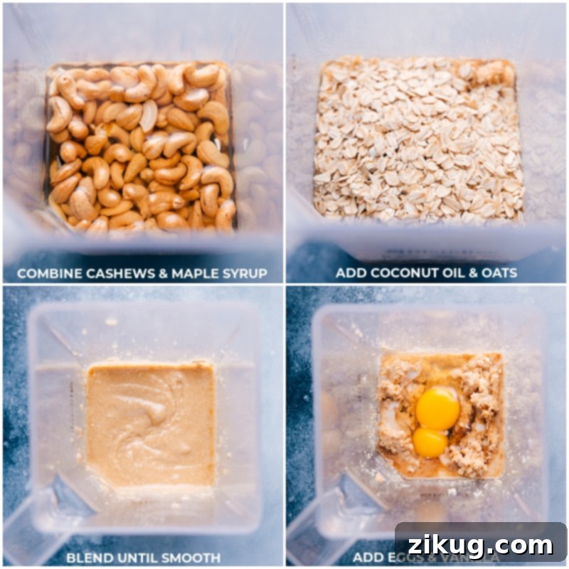 Process shots: Cashews, maple syrup, coconut oil, and oats being added to a blender, then blended, followed by eggs and vanilla extract.