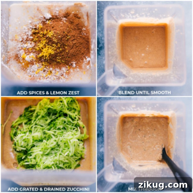 Process shots: Spices, lemon zest, and drained grated zucchini being added to a blender, then blended into the cake batter.