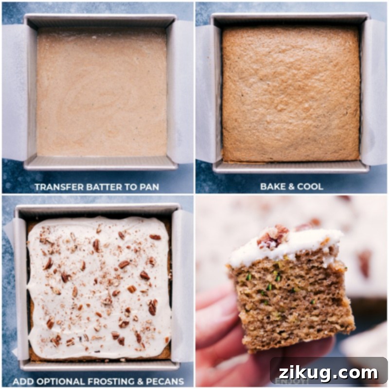 Process shots: Cake batter being poured into a baking pan, followed by an image of the finished cake being frosted.