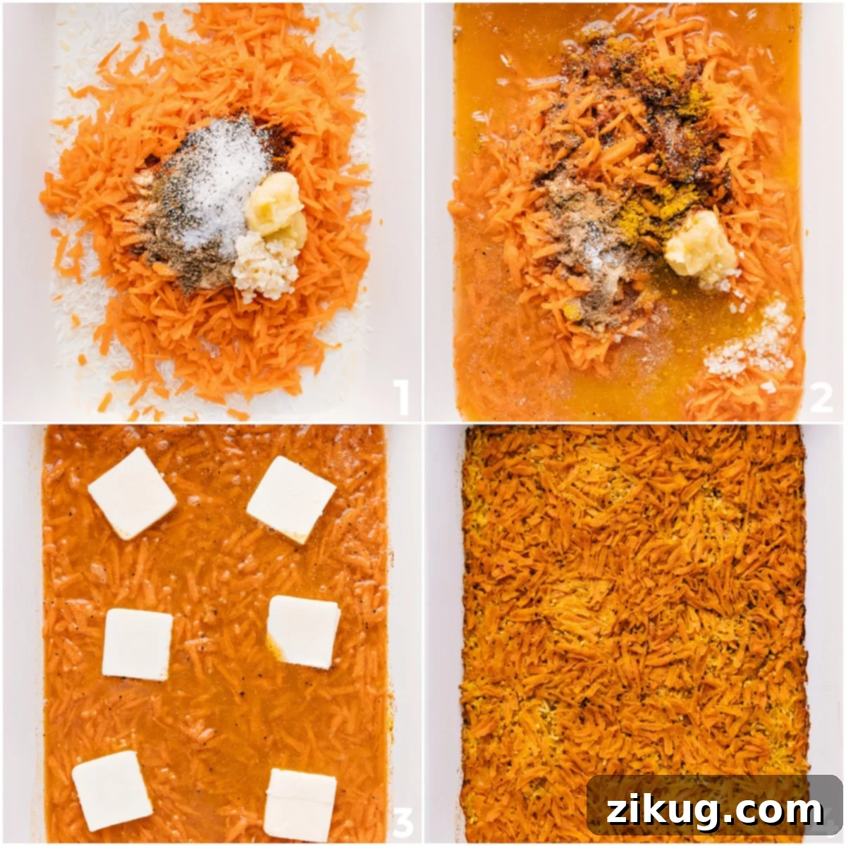 How To Make The Most Delicious, Fluffy Curry Rice Ingredients in a 9x13 baking dish being mixed together for one pan curry rice.