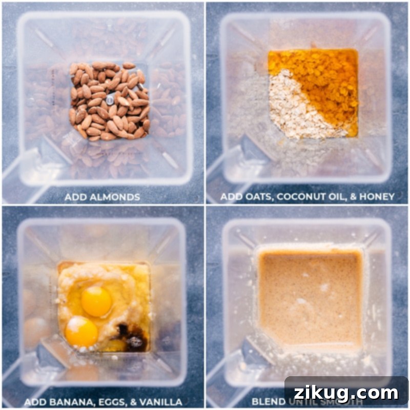Preparation of Healthy Banana Cake Batter in a Blender Process shot: All cake ingredients are added to a high-speed blender for processing.