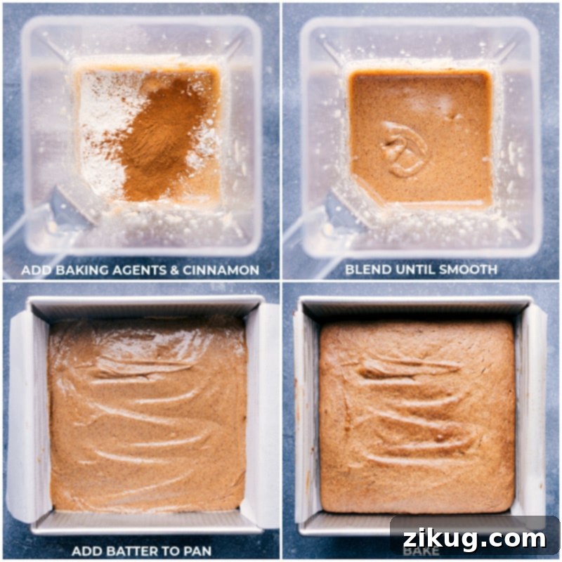 Blending and Baking Healthy Banana Cake Batter Process shot: Adding baking agents and cinnamon to the blender, blending until smooth, then pouring batter into a prepared baking pan.