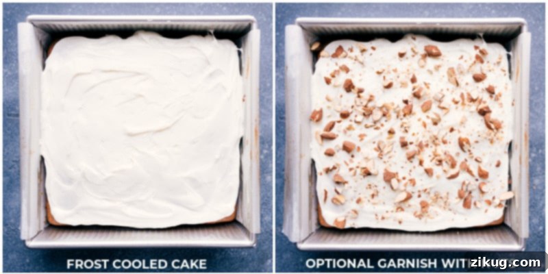 Decorating Healthy Banana Cake with Cream Cheese Frosting and Almonds A baked and cooled healthy banana cake, frosted with a smooth layer of cream cheese frosting and garnished with chopped almonds.