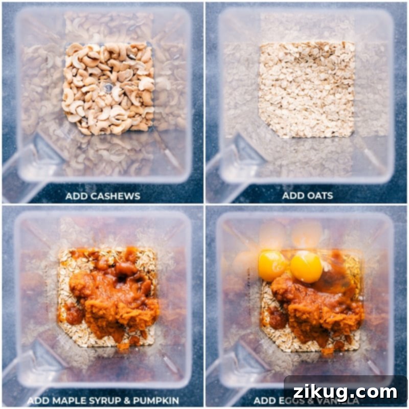 Blender Method: Easy Healthy Pumpkin Cake Ingredients Close-up process shots of ingredients like cashews, oats, maple syrup, pumpkin puree, eggs, and vanilla being added to a blender for the healthy pumpkin cake batter.
