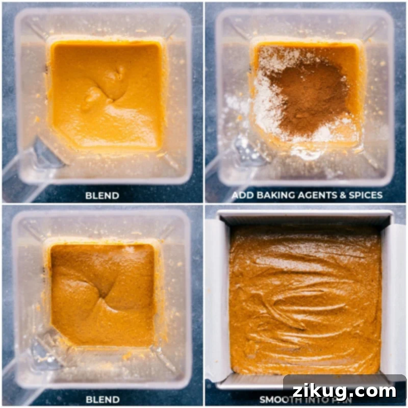 Simple Blender Method for Healthy Pumpkin Cake Blended healthy pumpkin cake batter being poured into a parchment-lined baking pan, ready for the oven.