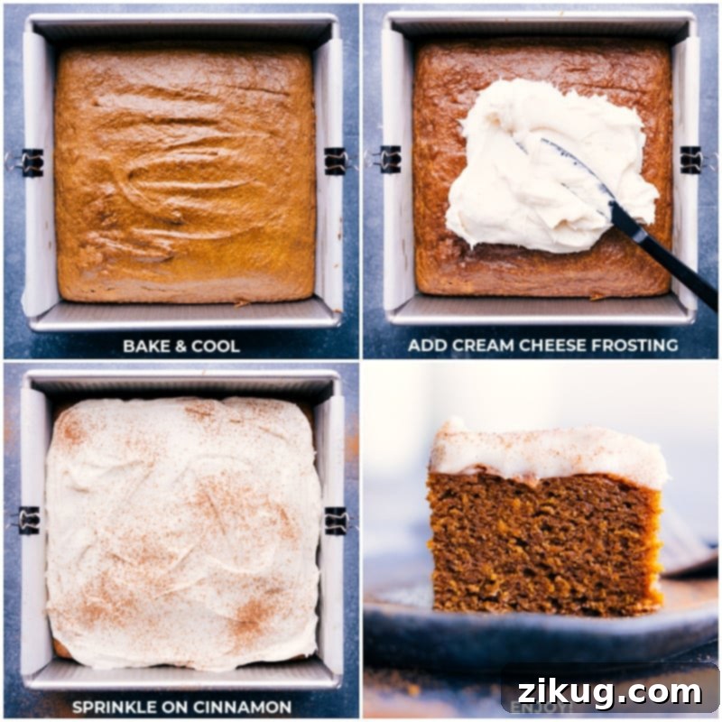 Cooling and Frosting Healthy Pumpkin Cake Process shots of the baked healthy pumpkin cake cooling in the pan, followed by the application of cream cheese frosting.