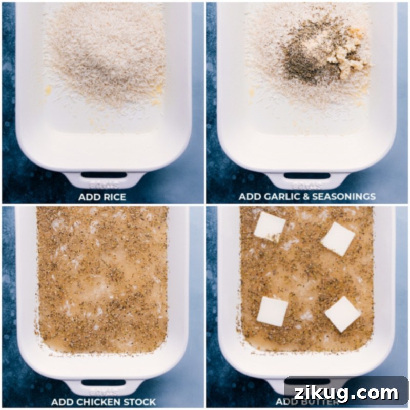 How To Make Baked Lemon Rice Uncooked basmati rice, minced garlic, a blend of seasonings, rich chicken stock, and pats of butter all carefully arranged in a 9x13 inch baking dish, ready for the oven.