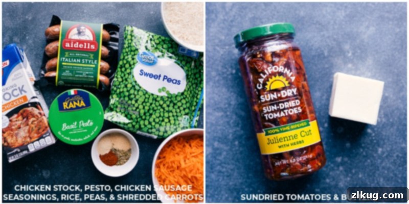 A flat lay photograph showcasing all the fresh and colorful ingredients required to make the delicious One-Pan Pesto Rice: Basmati rice, chicken stock, carrots, seasonings, butter, chicken sausage, sun-dried tomatoes, frozen peas, and fresh basil pesto.