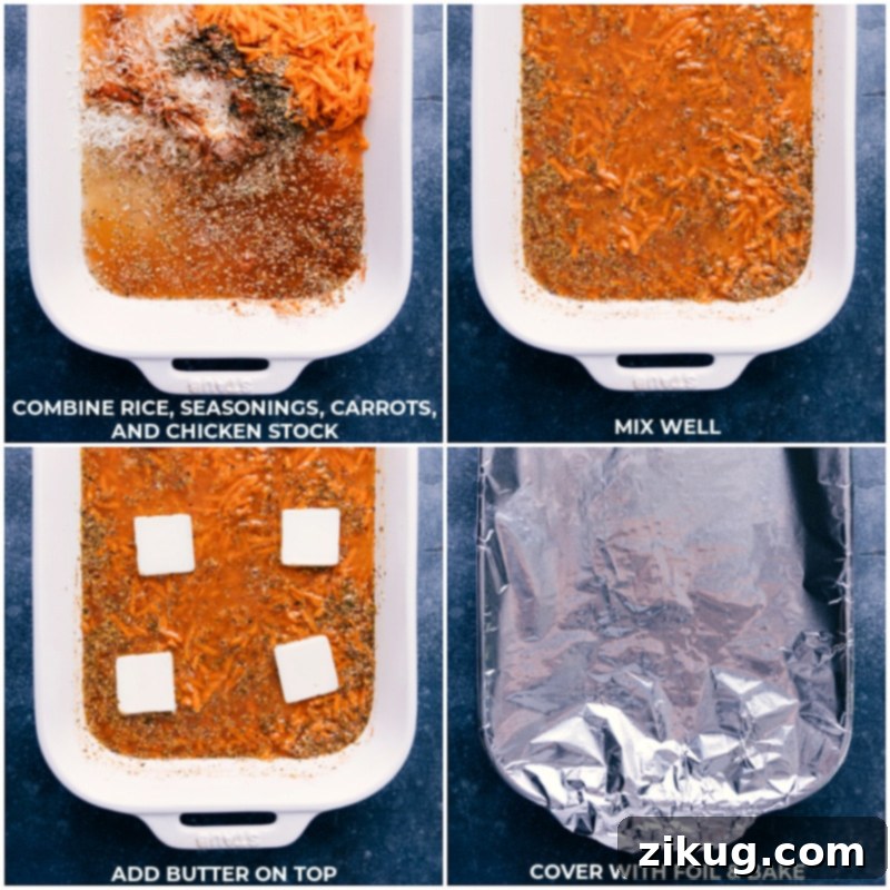 A sequential image depicting the initial steps of making One-Pan Pesto Rice: combining basmati rice, chicken stock, grated carrots, and seasonings in a baking dish, mixing them well, topping with butter slices, and then covering the pan with foil for baking.