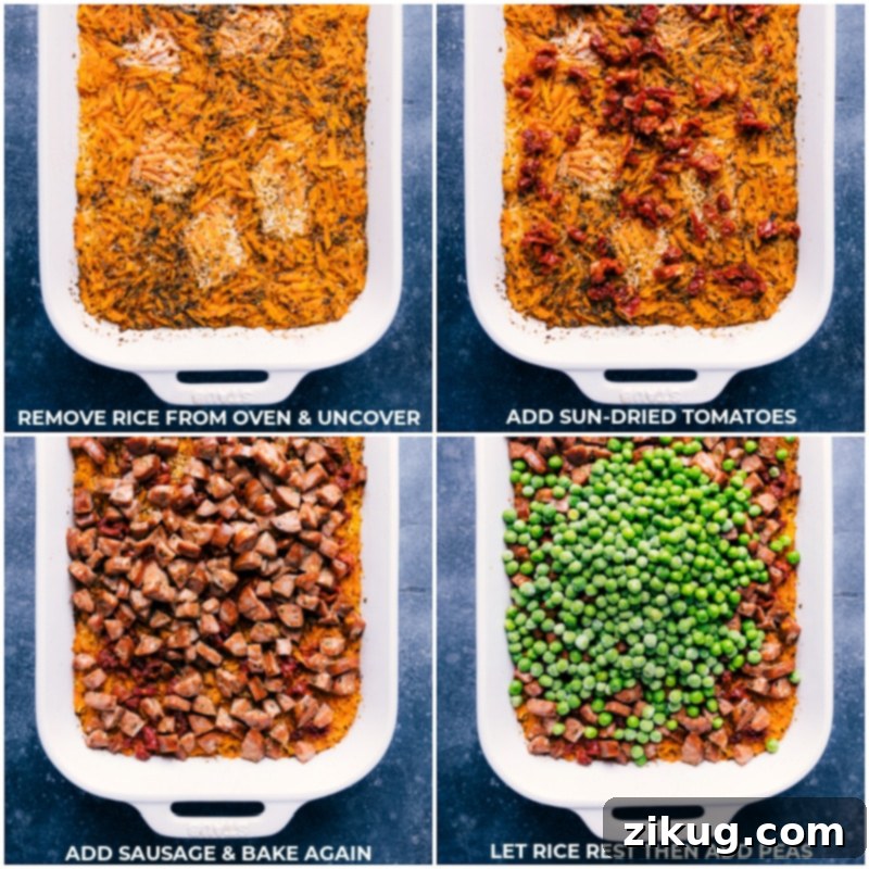 A sequence of images showing the mid-to-final stages of One-Pan Pesto Rice preparation: removing rice from the oven, adding sun-dried tomatoes and diced chicken sausage, baking uncovered, allowing the rice to rest, and finally mixing in frozen peas and fresh basil.