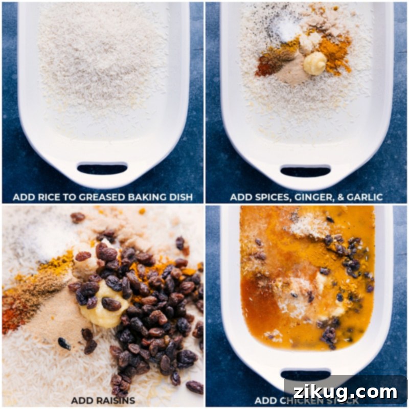 Process shots of Yellow Rice-- images of the rice, spices, ginger, garlic, raisins, and chicken stock being added