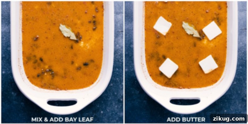Process shots-- images of the bay leaf and butter being added