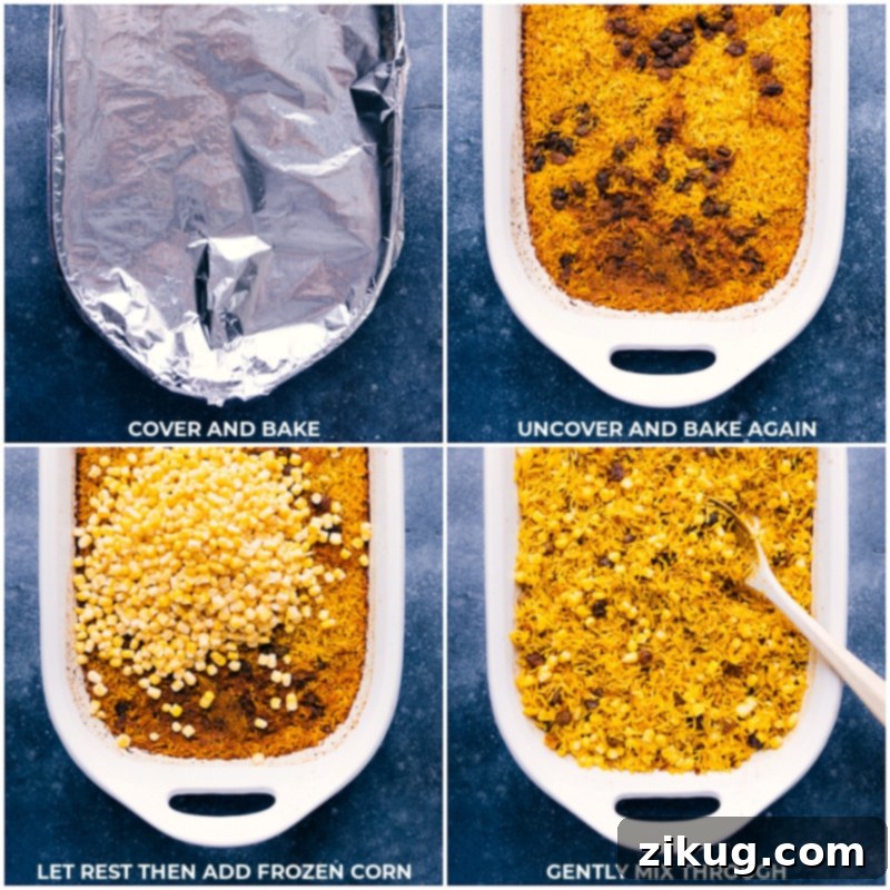 Process shots of Yellow Rice-- images of the dish being baked and then frozen corn being added