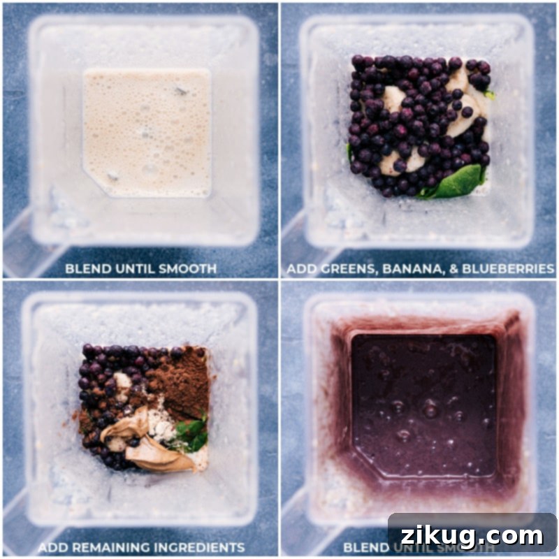 Blending the Perfect Chocolate Blueberry Smoothie: Achieve a silky-smooth texture for a delightful and healthy drink. Recipe via ChelseasMessyApron.com #smoothie #chocolateblueberry #chocolate #blueberry #breakfast #protein #healthy #filling A process shot showing a high-speed blender actively blending all the ingredients together to create a smooth Chocolate Blueberry Smoothie.