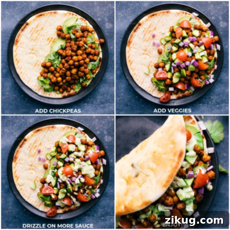 Our favorite Vegetarian Tikka Masala Wraps with soft, warmed pita, Indian-spiced chickpeas, crunchy veggies, and the best cilantro-mint sauce. Recipe via ChelseasMessyApron #dinner #quick #easy #healthy #whole #wholeingredients #clean #cleaneating #tikka #masala #wraps The final step of assembling Tikka Masala Wraps, showing chickpeas, fresh vegetables, and sauce being layered into a pita, ready to be wrapped and eaten.