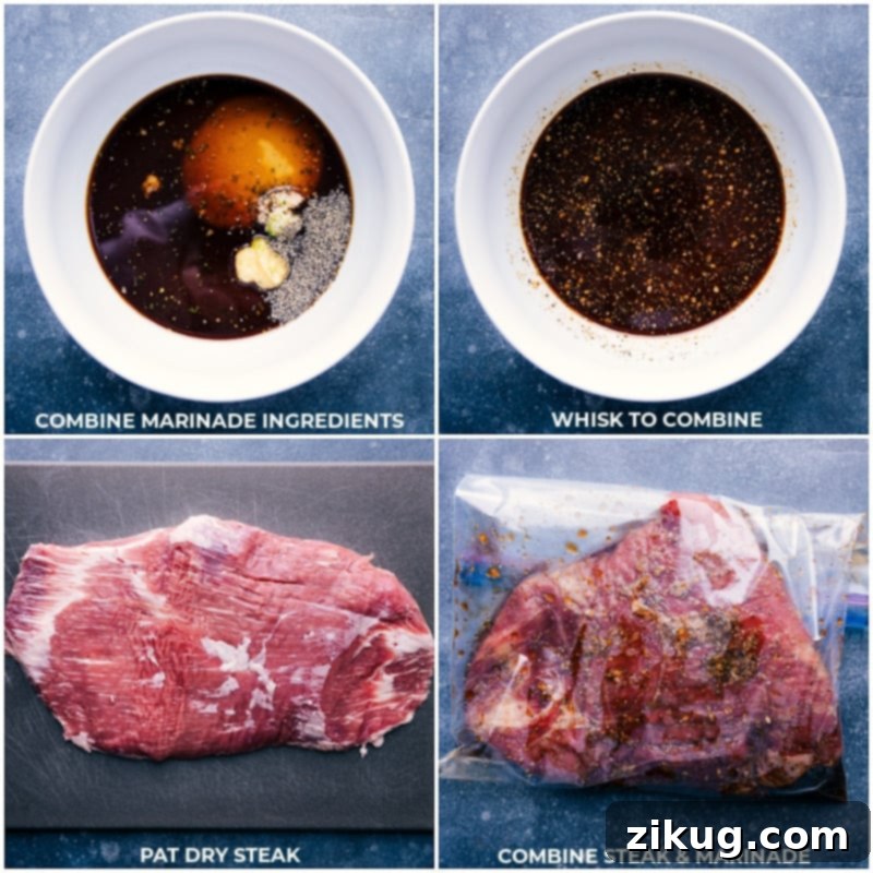 Process images showing the ingredients for the marinade being mixed, then combined with the flank steak for marination.
