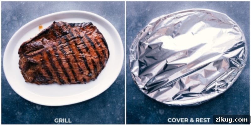 Process images showing the flank steak being grilled on a hot grill and then resting, covered with foil, on a cutting board.