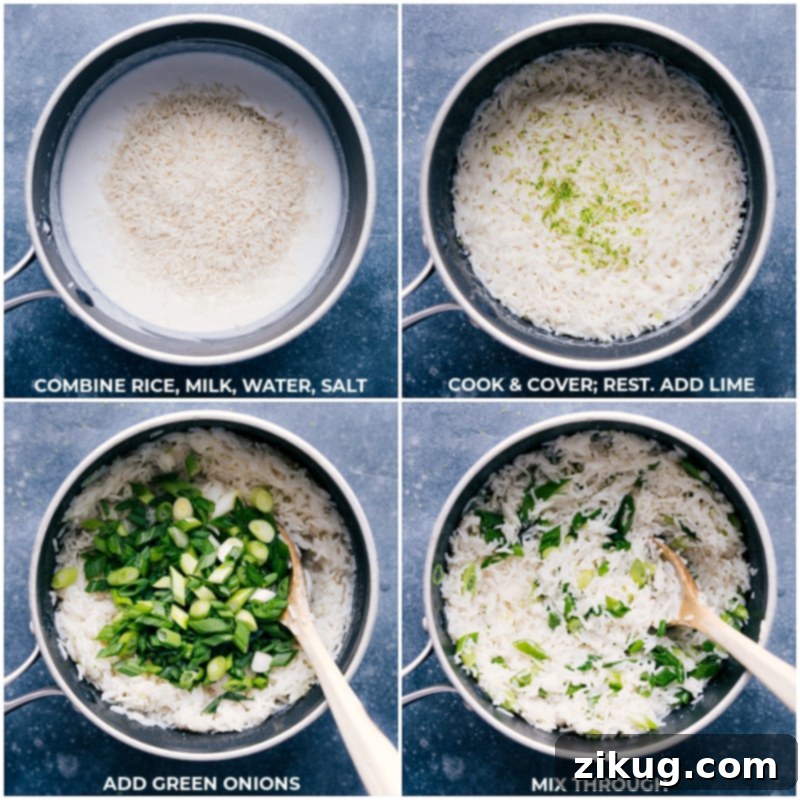 Process images showing ingredients for coconut-lime rice: rice, coconut milk, water, salt, lime juice, and green onions being added and mixed.